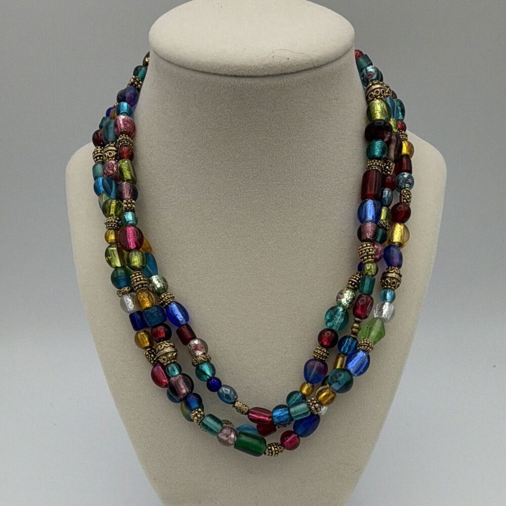 Multicolor Glass Beaded Multi-Strand Necklace Box Clasp Pink Heart Charm